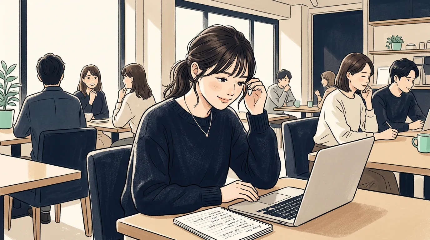 カフェでノートPCと学習メモを見ながら前向きな表情をする若い女性のイメージイラスト