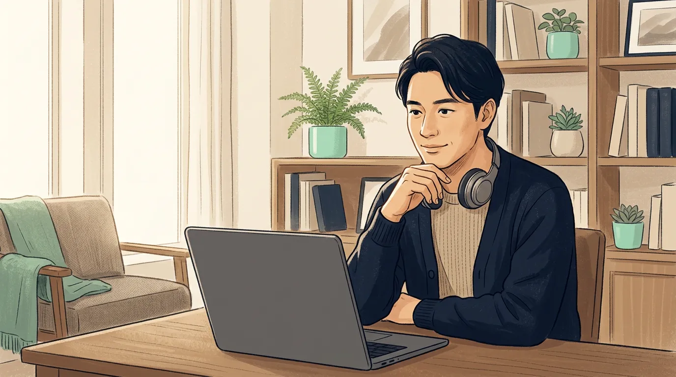自宅でノートPC越しにオンライン面談を受け、うなずきながら話を聞くエンジニアのイメージイラスト