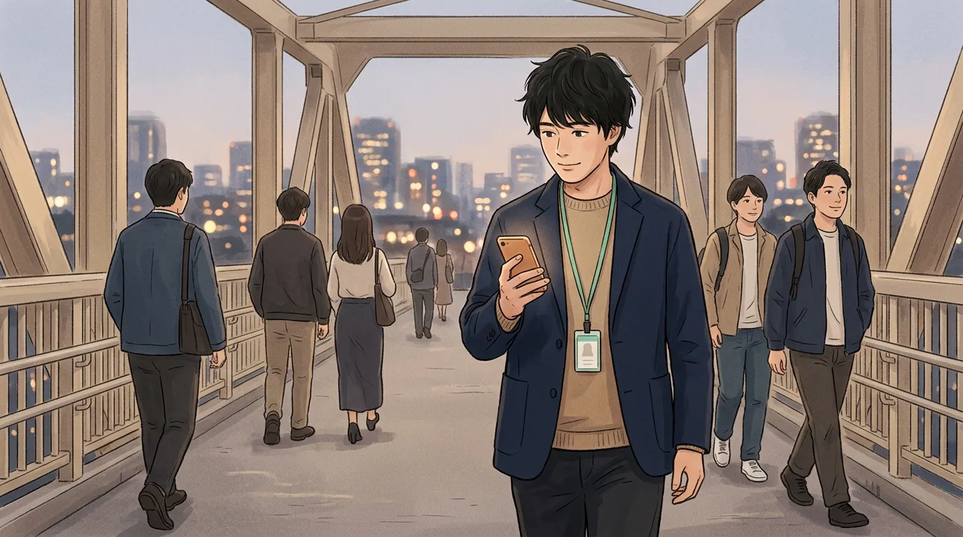 夕方の街でスマートフォンを見ながら前を向いて歩き出す若い男性のイメージイラスト
