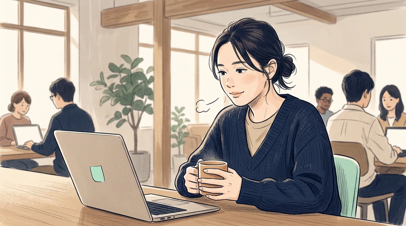 ノートPCの画面を見て、肩の力が抜けたように息をつくエンジニアのイメージイラスト