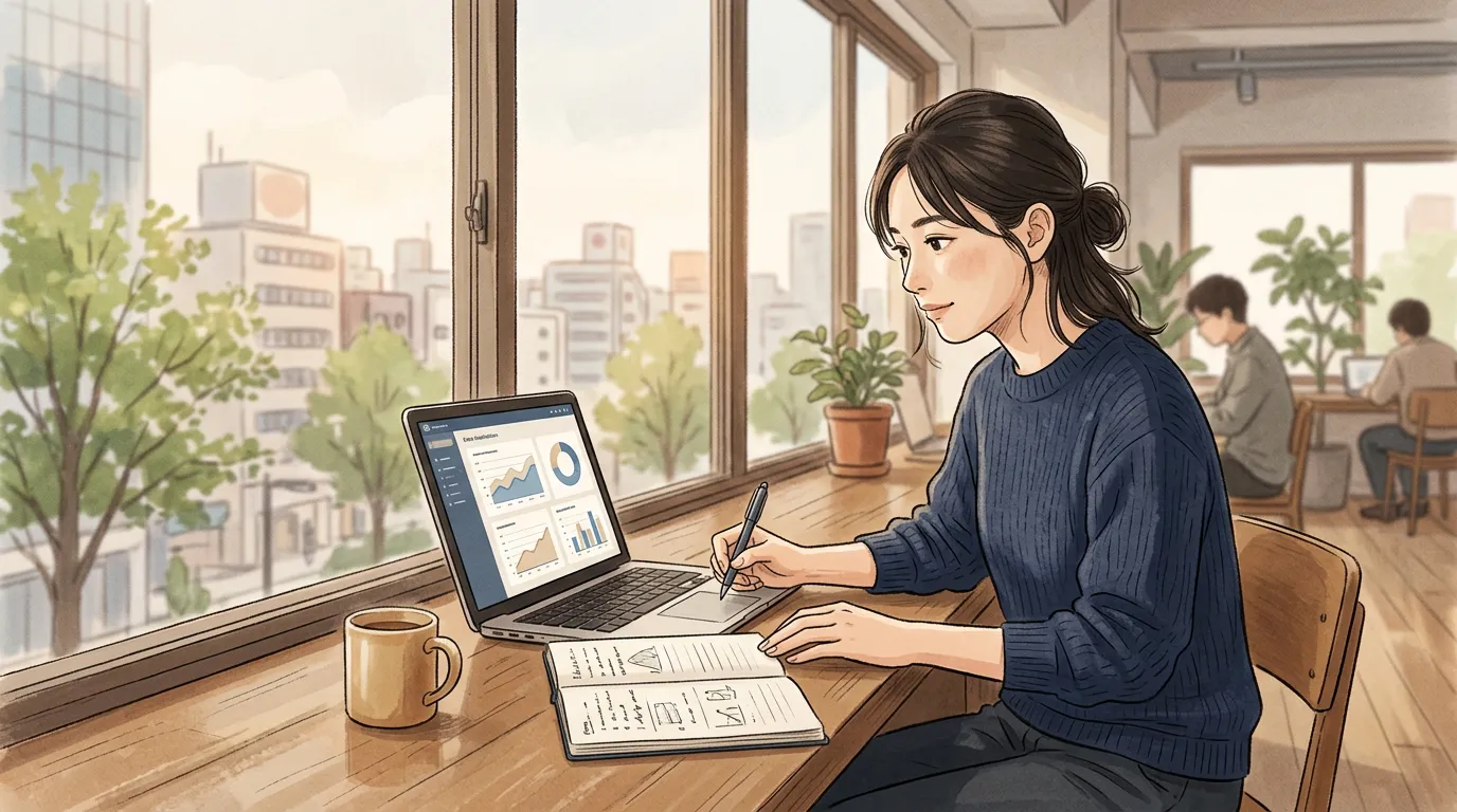 窓際の席でダッシュボードを見ながら次の計画をノートに書き出すエンジニアのイメージイラスト