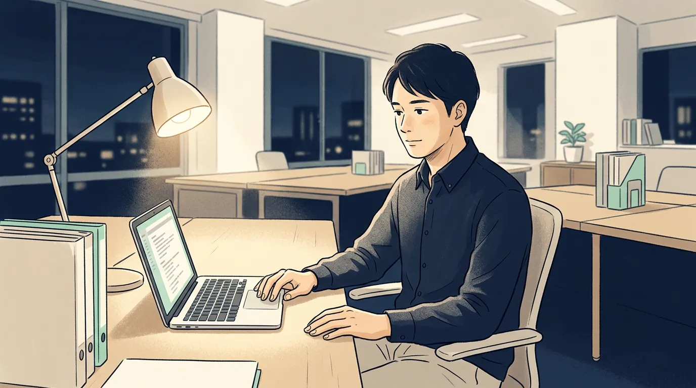 夜のオフィスでノートPCを前に考え込むエンジニアのイメージイラスト